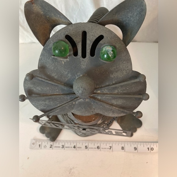Steampunk Cat Welcome Art Metal Cat  Lantern Welded W/ Green Glass Eyes - Picture 10 of 16